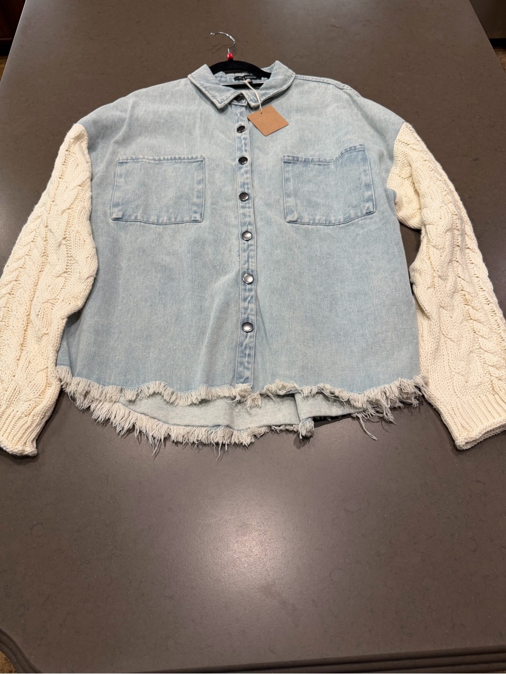 NWT Blu Pepper Denim and Cable Knit Mixed Media Shacket (Shirt Jacket), Sz: L - Picture 3 of 11